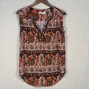 LOFT Blouse Women Size Medium Orange Pink Boho Floral Paisley Sleeveless Rayon